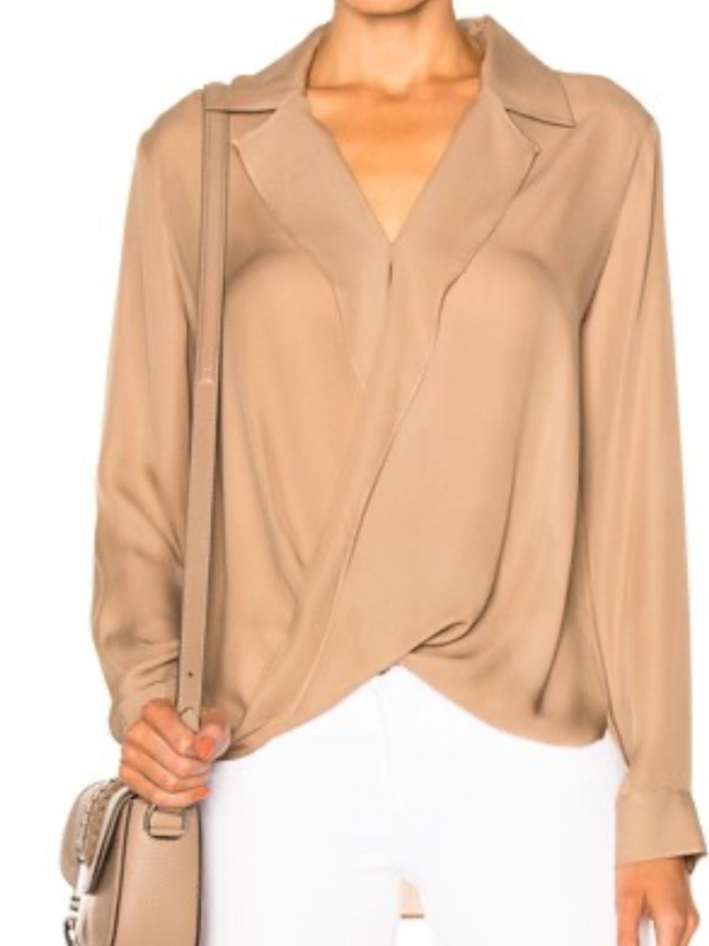L'AGENCE - Rita Drape Front Blouse, Shirt. Beige. Size Small.  Silk